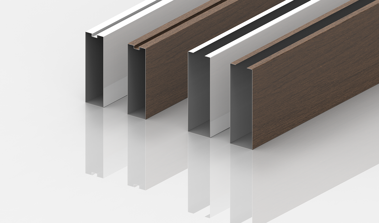 Three brown and silver metal rectangular beams with wood-like finishes are arranged parallel on a reflective white surface, showcasing their hollow interiors and clean, geometric design.