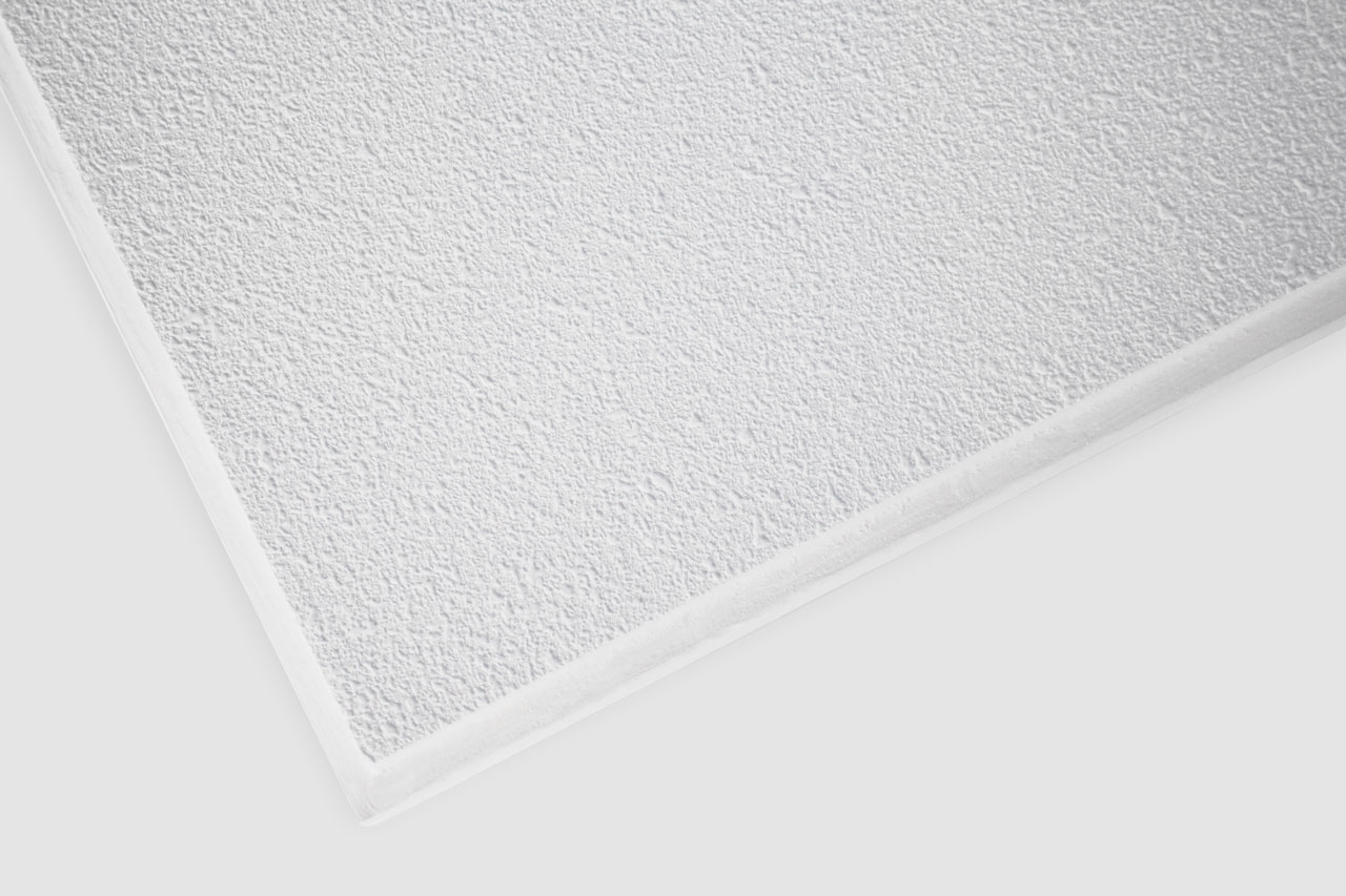 Close-up of a white textured ceiling tile with a rough, speckled surface and clean edges, shown against a plain, light background.