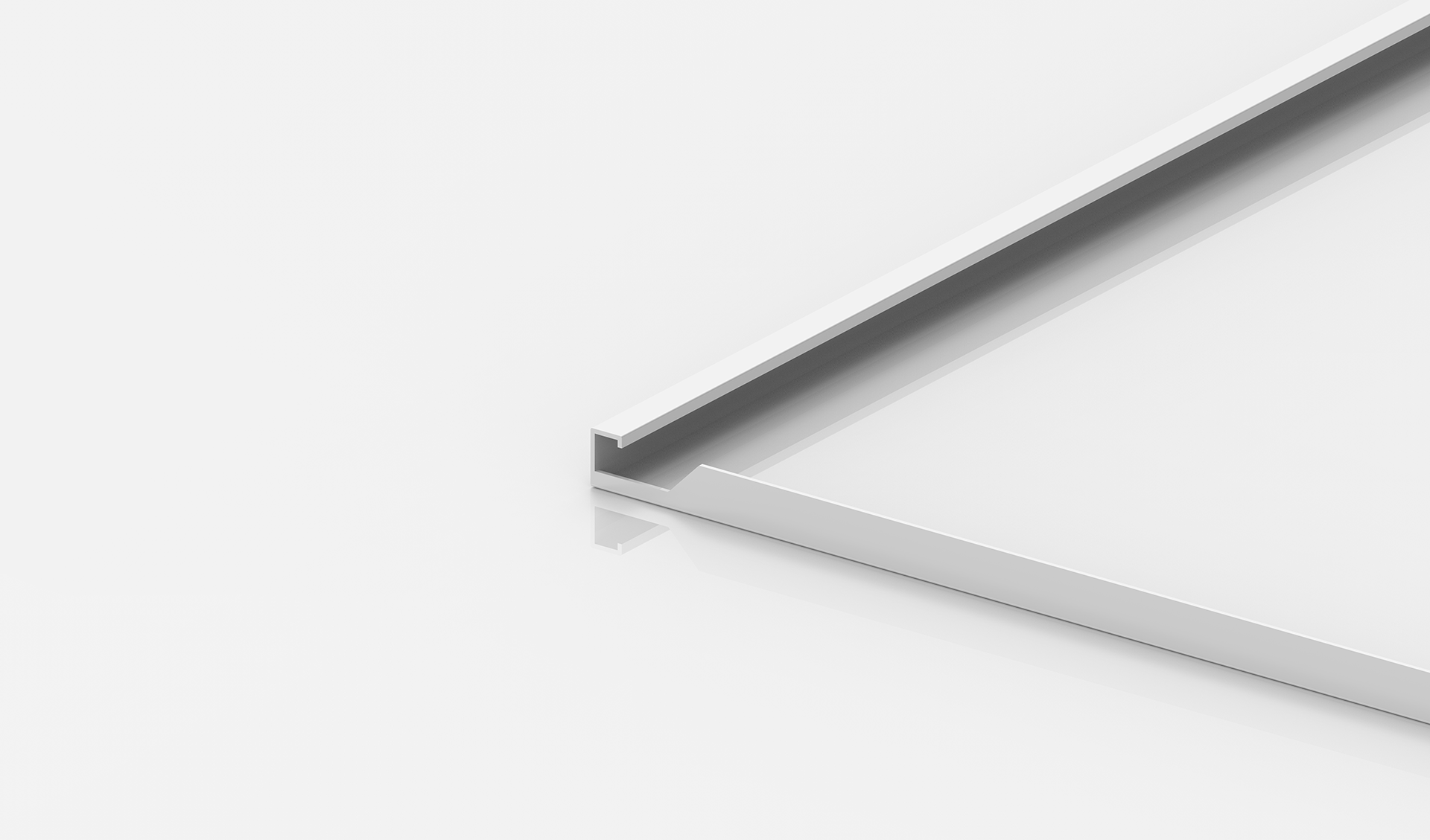 A white, rectangular metal or plastic frame with a clean, minimalistic design, positioned on a glossy white surface and photographed from an angle showing one corner.