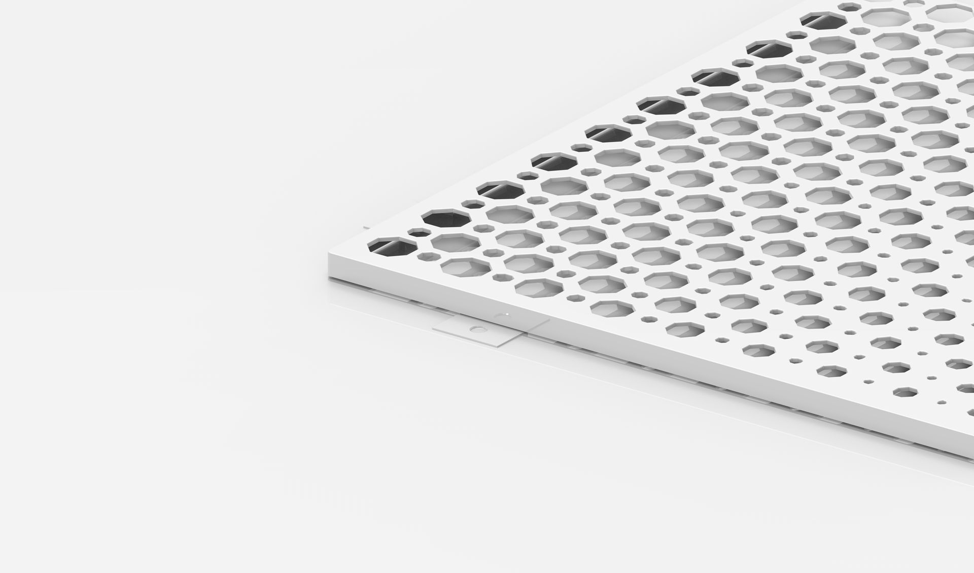 A white metal panel with a pattern of hexagonal holes is positioned in the upper right corner against a white background.
