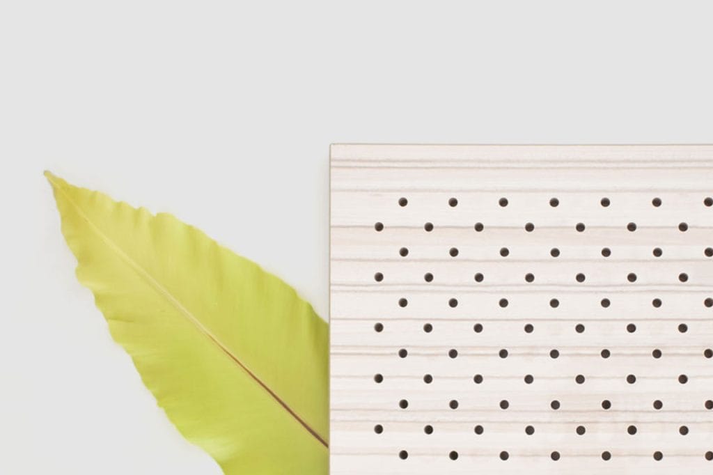 A large light green leaf is partially covered by a rectangular wooden board with evenly spaced circular holes, set against a plain light background.