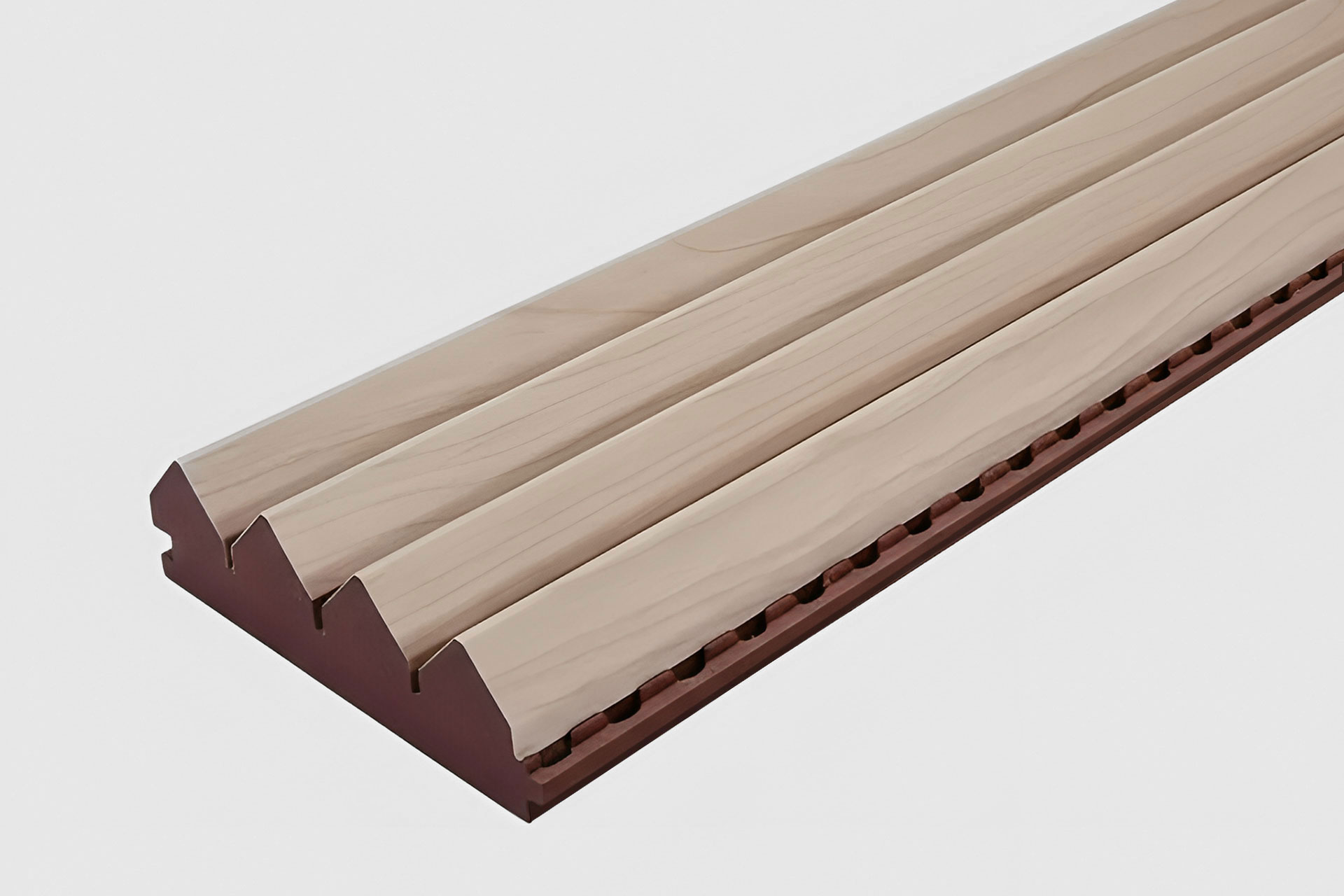 A rectangular object with a light wood-patterned top featuring three raised, grooved sections and a reddish-brown base with evenly spaced rectangular slots along one edge.