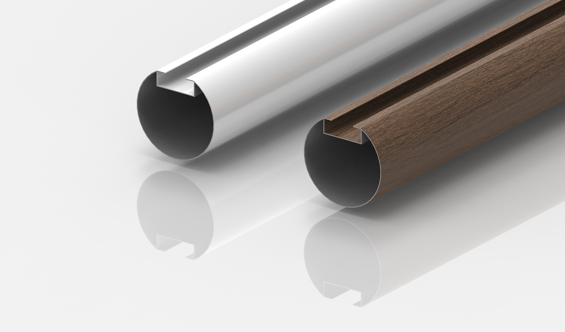 Two cylindrical metal rods with a groove running along their length are shown. One rod has a shiny silver finish, and the other has a matte brown, wood-like appearance. Both are reflected on a glossy white surface.
