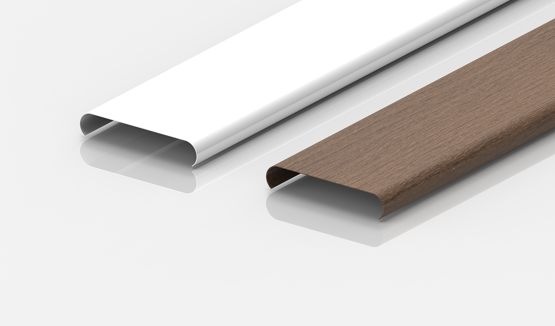 Two rectangular, hollow, rounded-edge metal profiles are shown side by side on a white surface. One is white and glossy, while the other has a brown, wood-like finish. Both have open ends facing forward, reflecting light below.