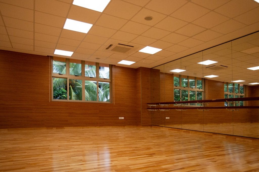 A spacious, empty dance studio with wooden floors, a mirrored wall, large windows showing green trees outside, and bright ceiling lights.