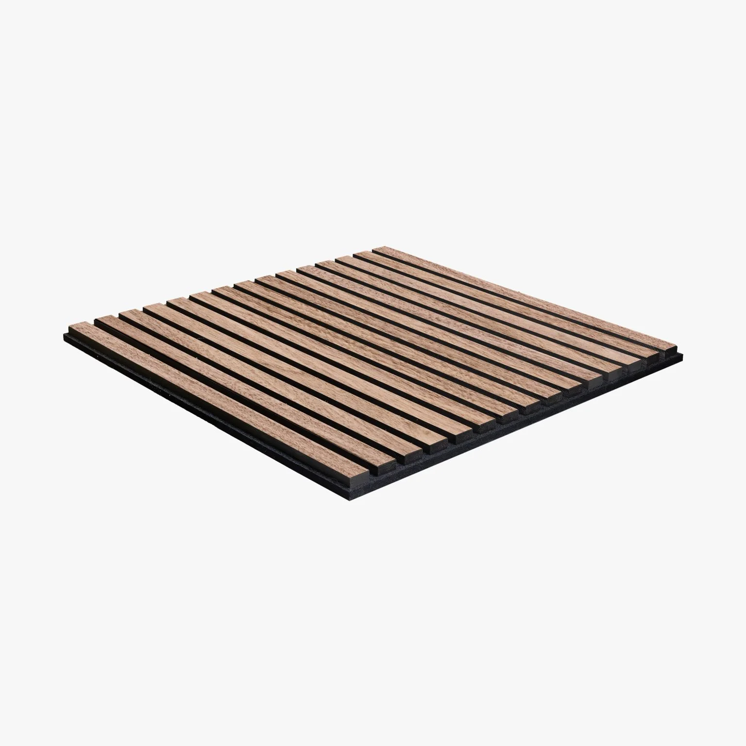 A square wooden slat panel with evenly spaced, parallel light brown wood strips attached to a black base, shown against a white background.