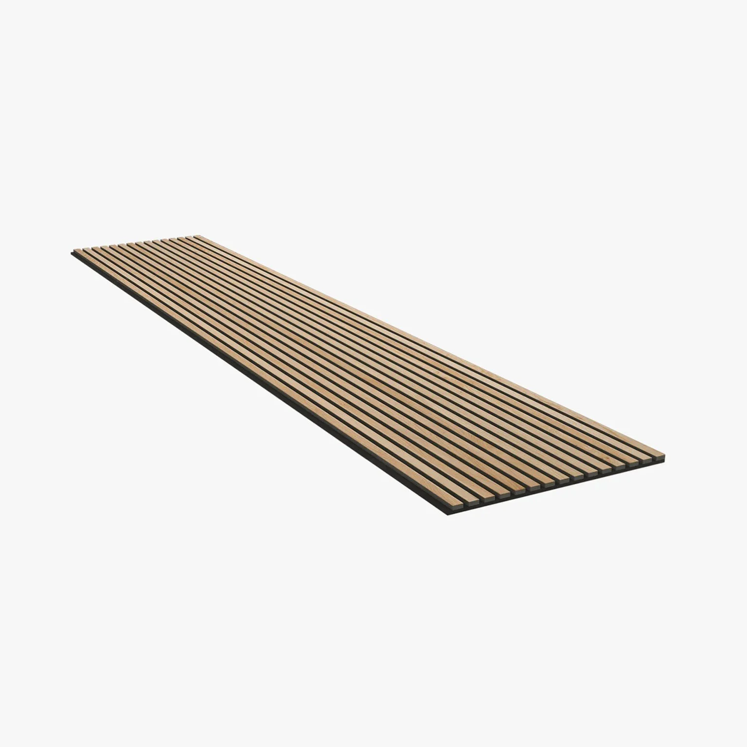 A long, rectangular wooden slat panel with evenly spaced light brown slats on a dark backing, shown on a white background.