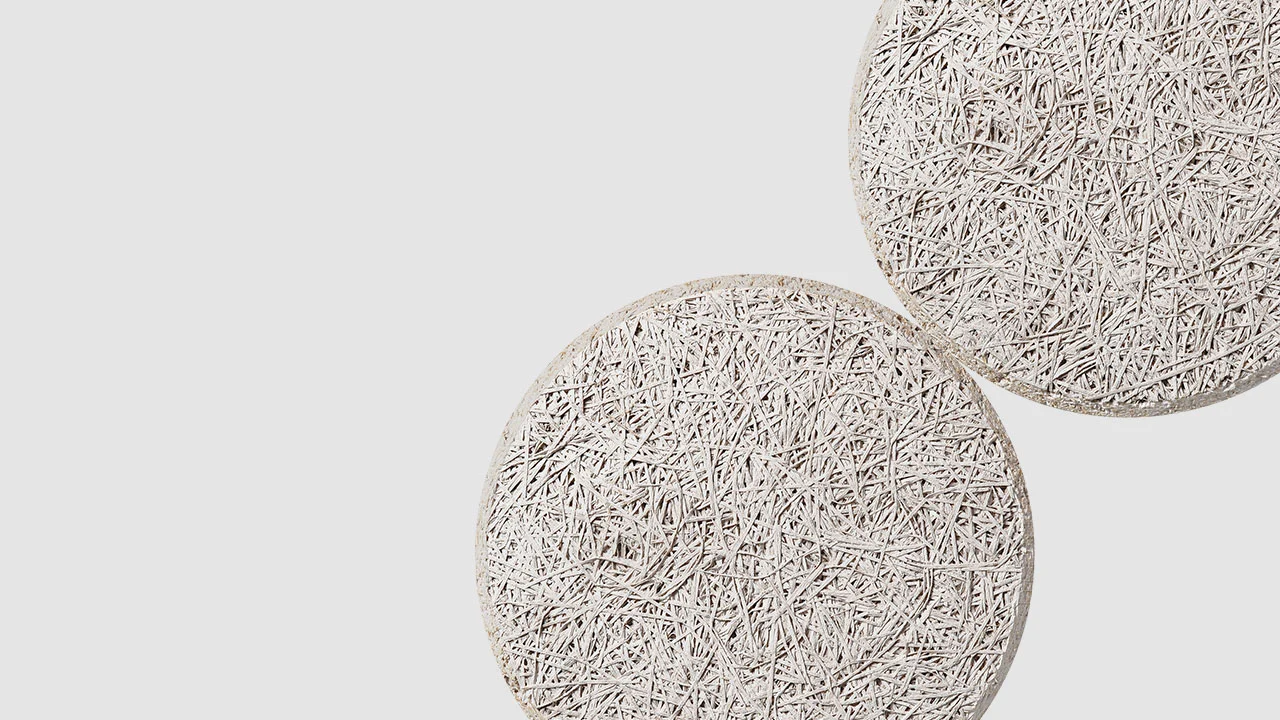 Two round, light-colored textured circles overlap on a plain light gray background. The surfaces have a fibrous, straw-like appearance, giving a rough and intricate texture.
