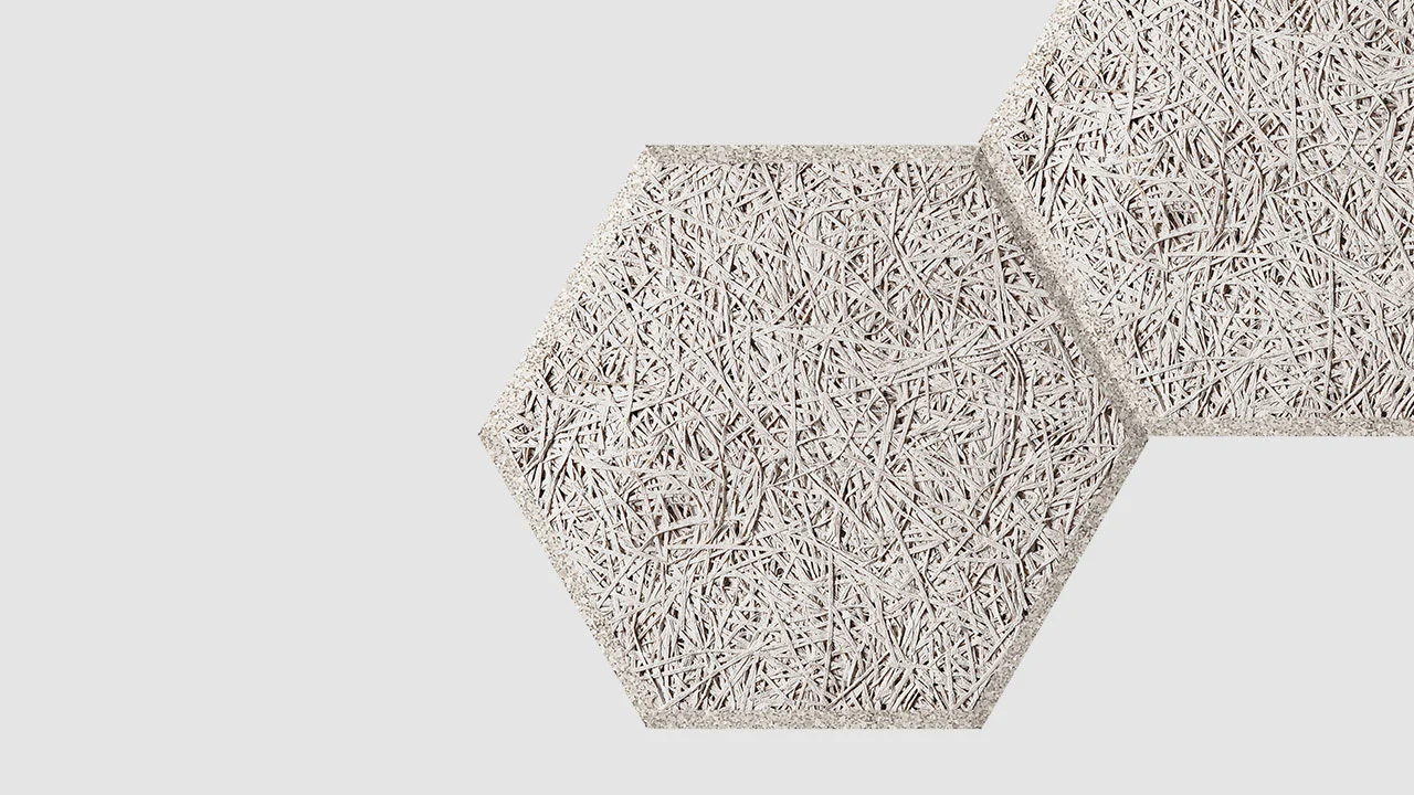 Two beige hexagonal tiles with a rough, fibrous texture overlap on a plain light gray background. The tiles appear to be made of a wood wool or straw-like material.