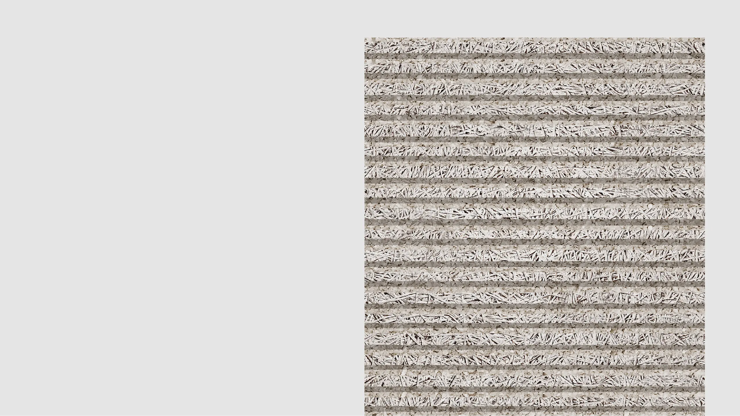 A rectangular panel featuring horizontal rows of tightly packed, shredded paper strips in varying shades of white, gray, and beige, creating a textured, layered pattern against a plain light gray background.