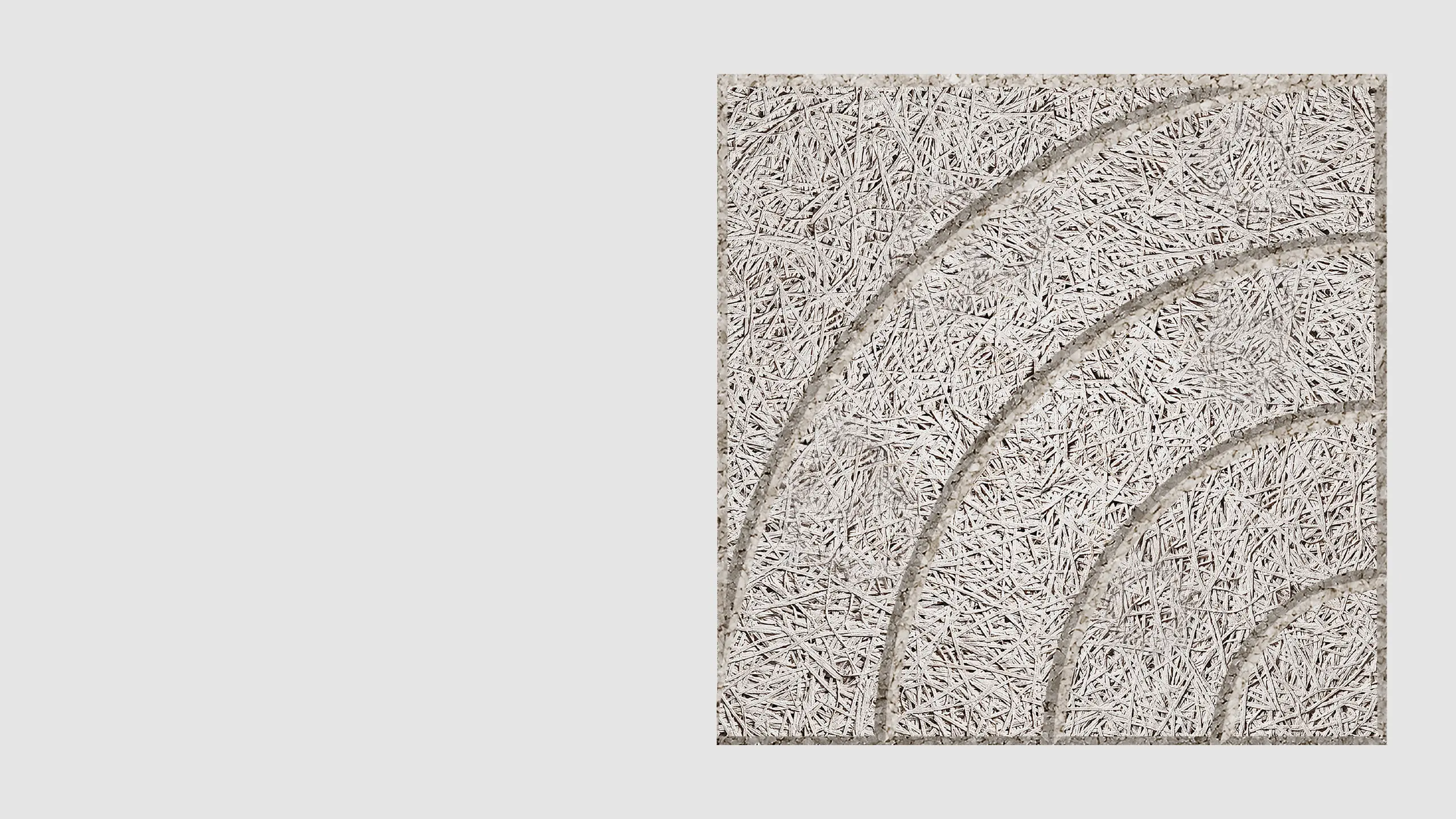 A textured beige panel with curved, raised lines forming an abstract arch pattern; the surface resembles compressed straw or wood fibers. The panel is set against a plain light gray background.