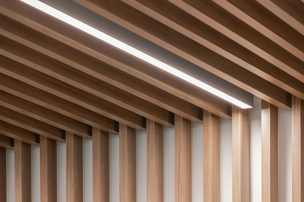 Wooden ceiling slats arranged in parallel lines with a long, narrow strip of recessed lighting, creating a modern architectural design. The light highlights the natural texture of the wood.