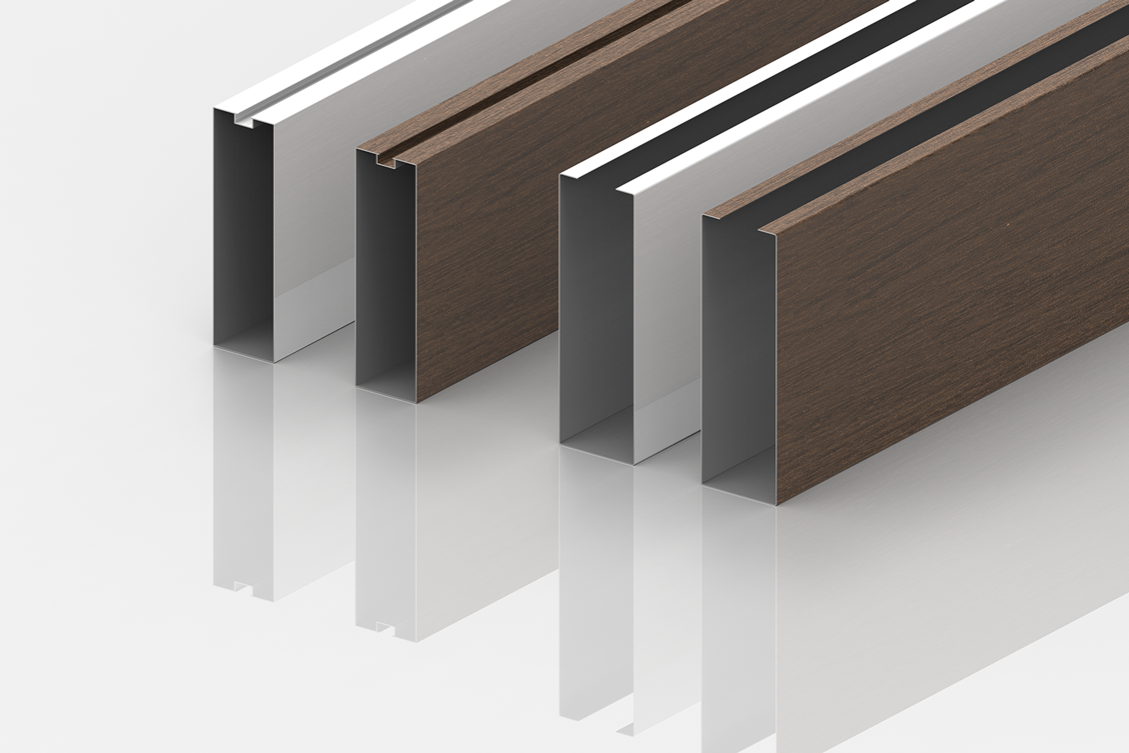 Three brown and silver metal rectangular beams with wood-like finishes are arranged parallel on a reflective white surface, showcasing their hollow interiors and clean, geometric design.