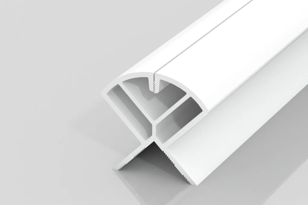 A white, T-shaped plastic or metal extrusion profile is shown on a light gray background. The profile features multiple hollow sections and precise, clean edges, suggesting use in construction or installation.