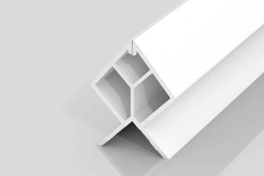 A white, angular plastic or metal extrusion with hollow rectangular and triangular sections, displayed on a reflective surface with a clean, minimal background.