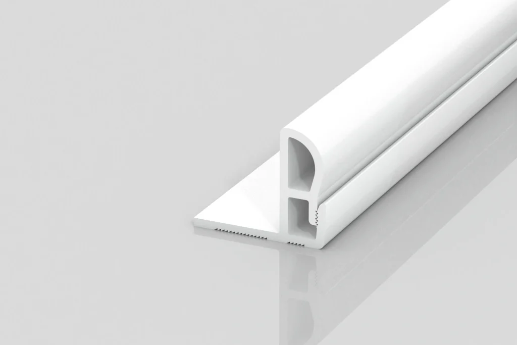 A white plastic T-shaped trim with a rounded top and flat base, designed for installation on surfaces, is shown against a light gray background with a subtle reflection.