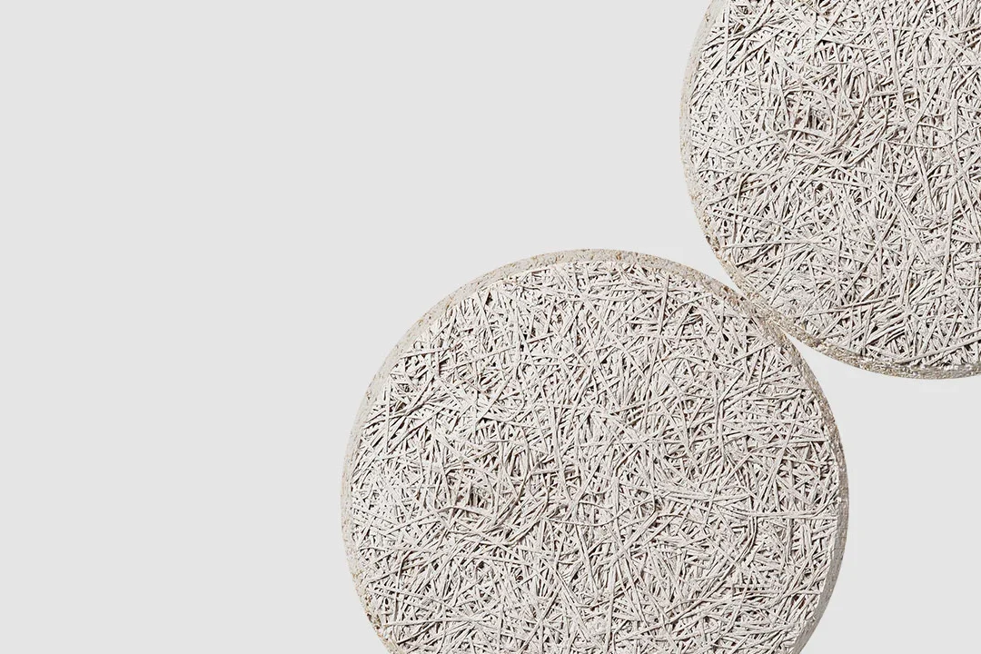 Two round, light-colored textured circles overlap on a plain light gray background. The surfaces have a fibrous, straw-like appearance, giving a rough and intricate texture.