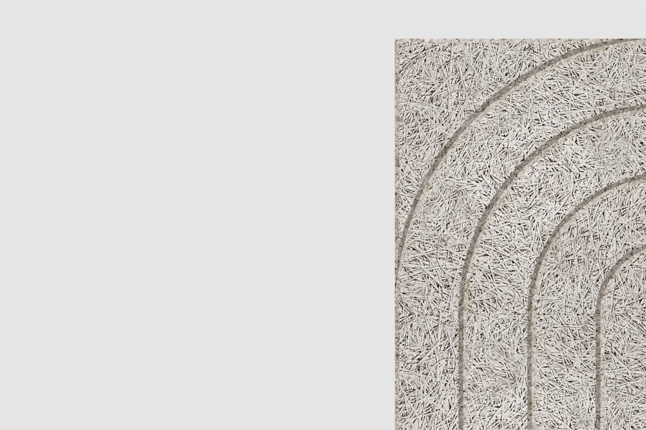 A rectangular panel with a textured, straw-like surface features a pattern of curved, parallel lines creating arch shapes on a neutral, light background. The right side of the image is left blank.