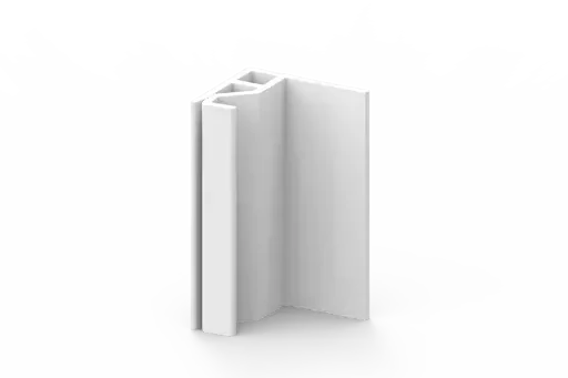 A white, angular plastic or metal bracket with a channel and a hollow section, standing upright on a plain, light gray background.