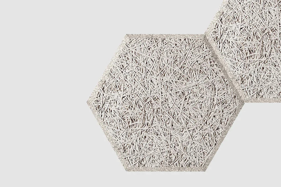 Two beige hexagonal tiles with a rough, fibrous texture overlap on a plain light gray background. The tiles appear to be made of a wood wool or straw-like material.