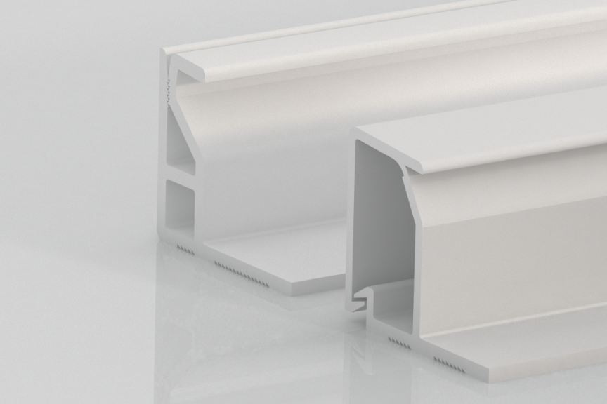 Two white, rectangular extruded plastic or metal profiles are standing on a reflective surface. The profiles have angular, hollow interiors with various ridges and slots, likely for construction or industrial use.